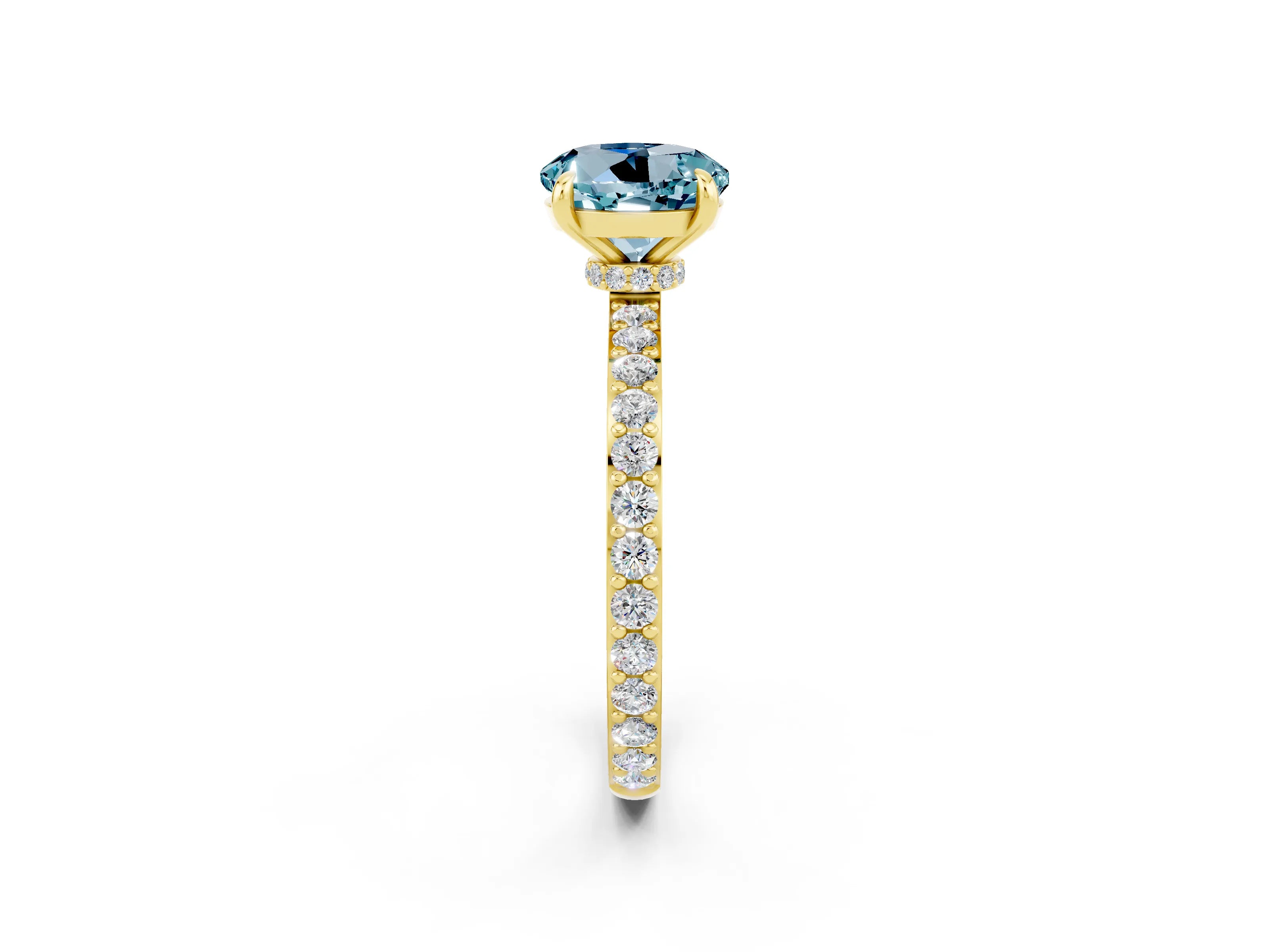 Yellow gold Round Cut Aquamarine Solitaire Engagement Ring with Pavé Band and Four-Prong Setting_2