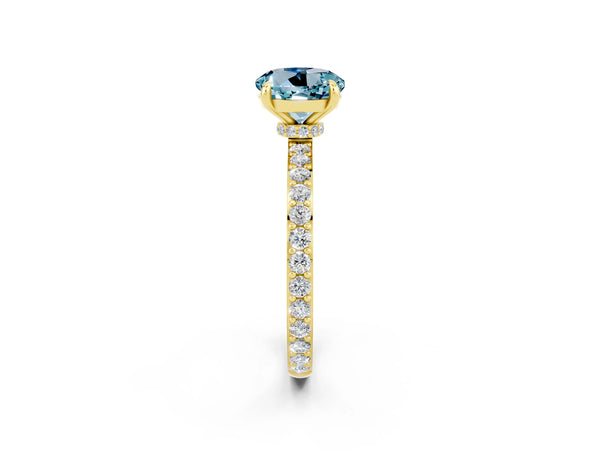 Yellow gold Round Cut Aquamarine Solitaire Engagement Ring with Pavé Band and Four-Prong Setting