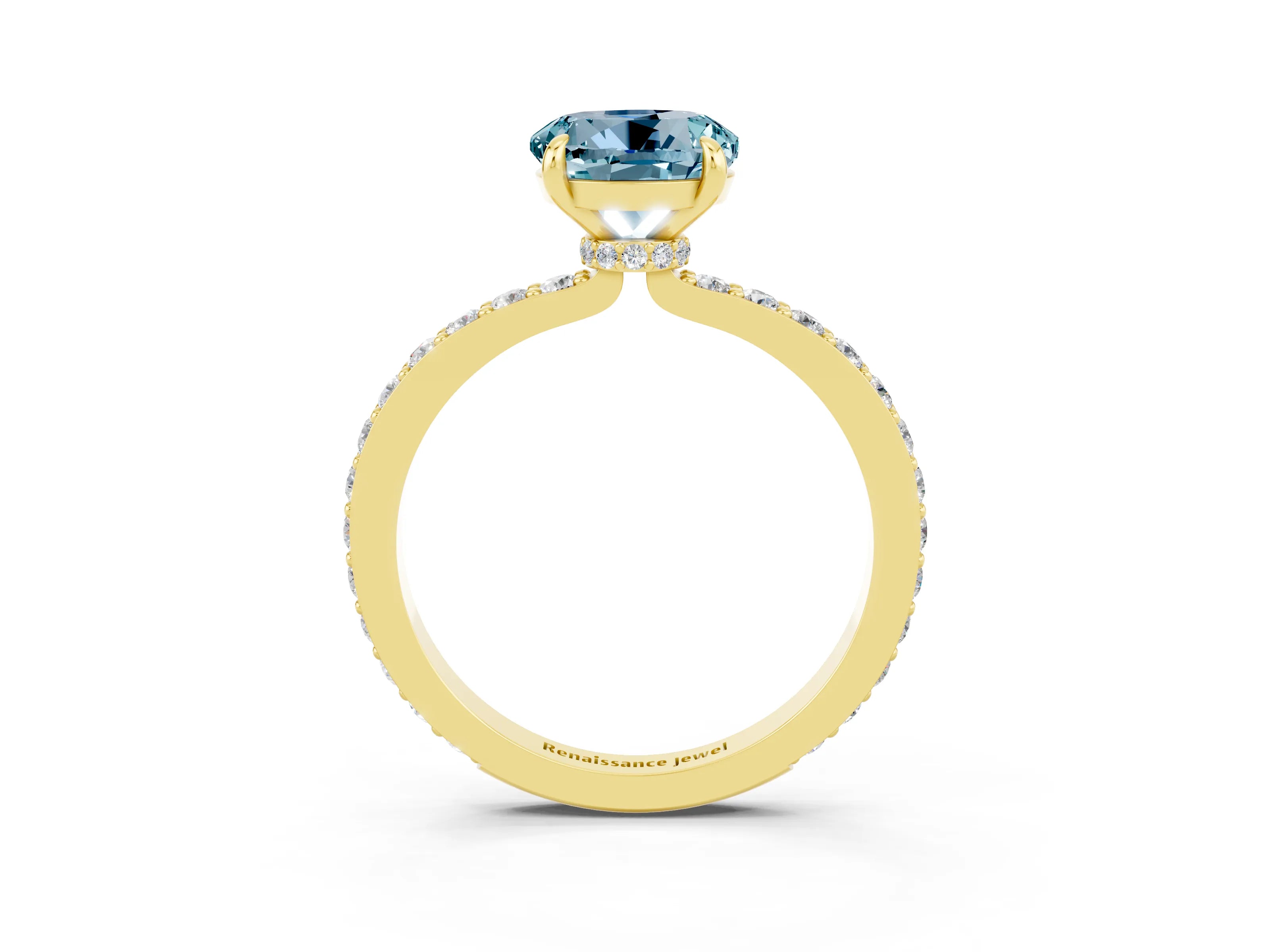 Yellow gold Round Cut Aquamarine Solitaire Engagement Ring with Pavé Band and Four-Prong Setting_3