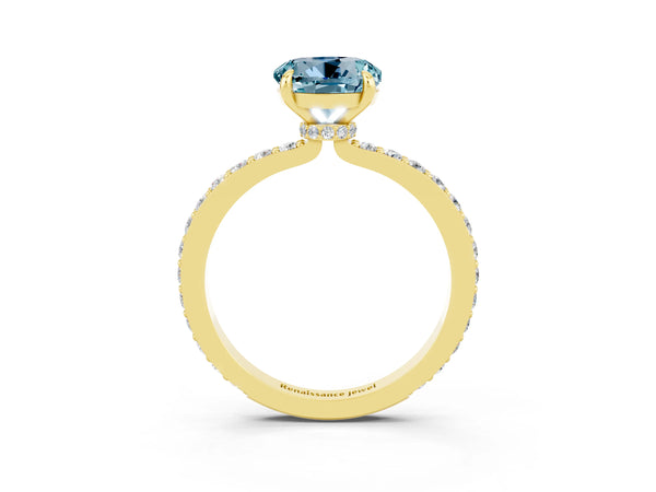 Yellow gold Round Cut Aquamarine Solitaire Engagement Ring with Pavé Band and Four-Prong Setting