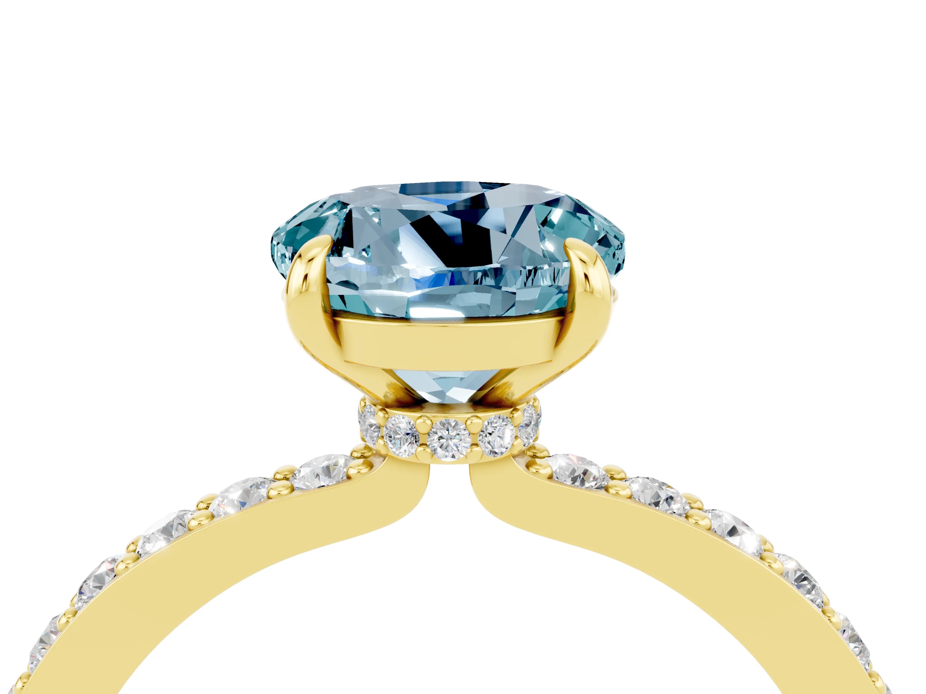 Yellow gold Round Cut Aquamarine Solitaire Engagement Ring with Pavé Band and Four-Prong Setting_4