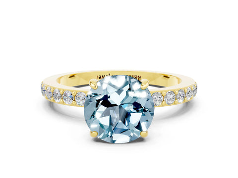 Yellow gold Round Cut Aquamarine Solitaire Engagement Ring with Pavé Band and Four-Prong Setting
