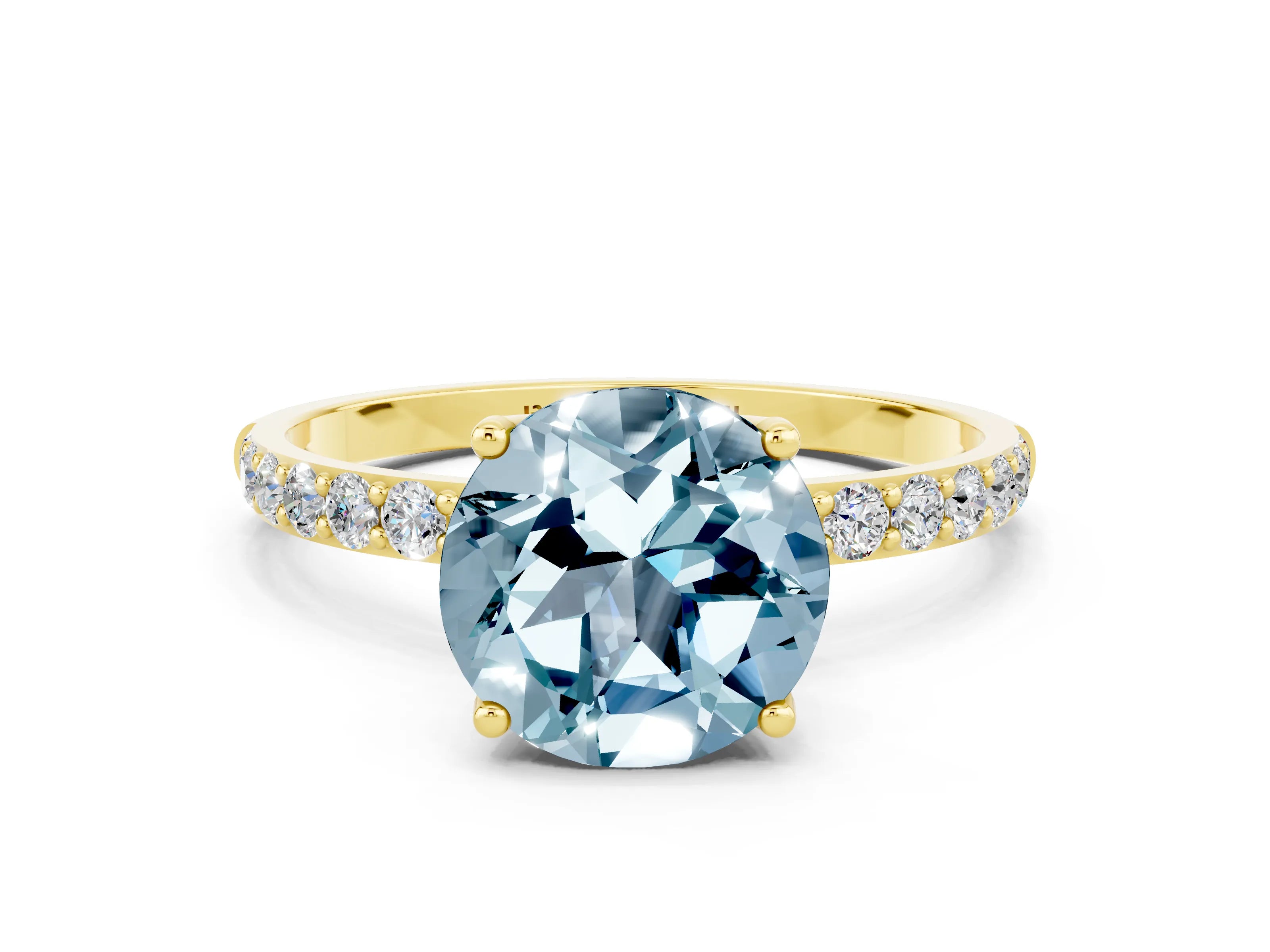 Yellow gold Round Cut Aquamarine Solitaire Engagement Ring with Pavé Band and Prong Setting