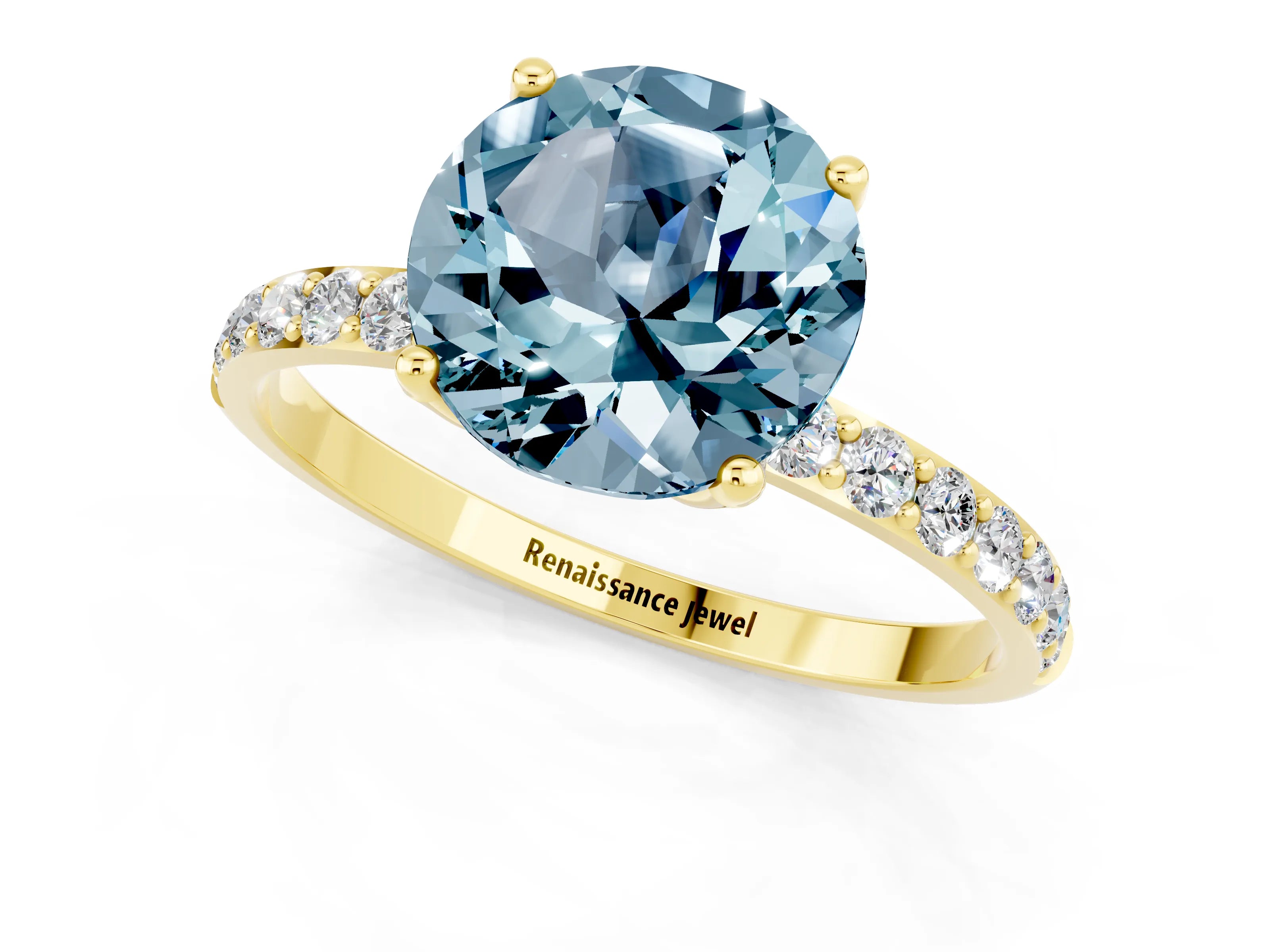 Yellow gold Round Cut Aquamarine Solitaire Engagement Ring with Pavé Band and Prong Setting_1