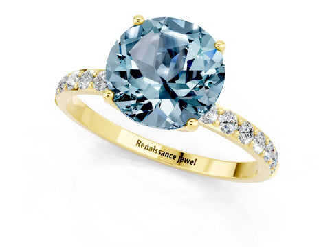 Yellow gold Round Cut Aquamarine Solitaire Engagement Ring with Pavé Band and Prong Setting_1