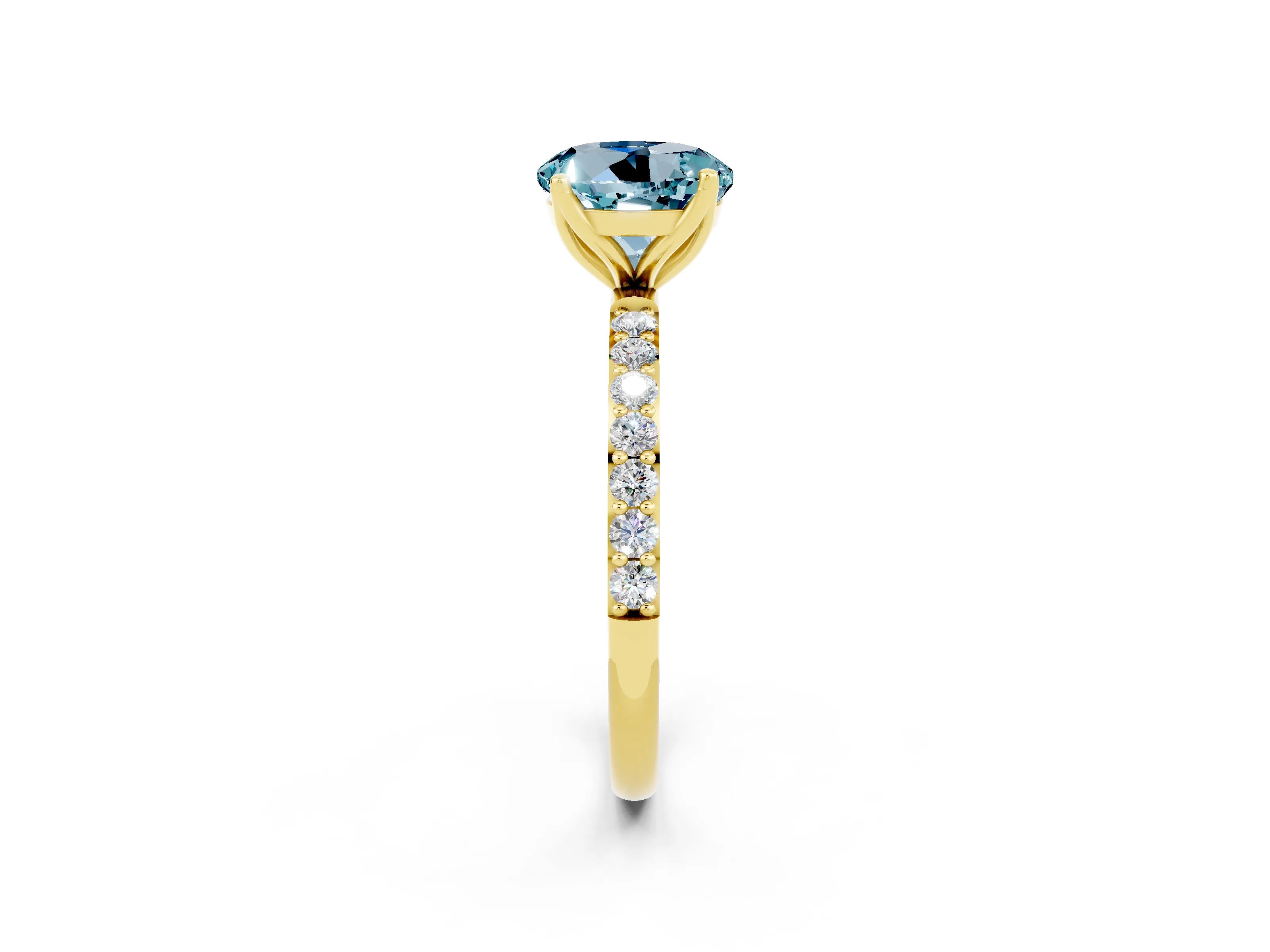 Yellow gold Round Cut Aquamarine Solitaire Engagement Ring with Pavé Band and Prong Setting_2
