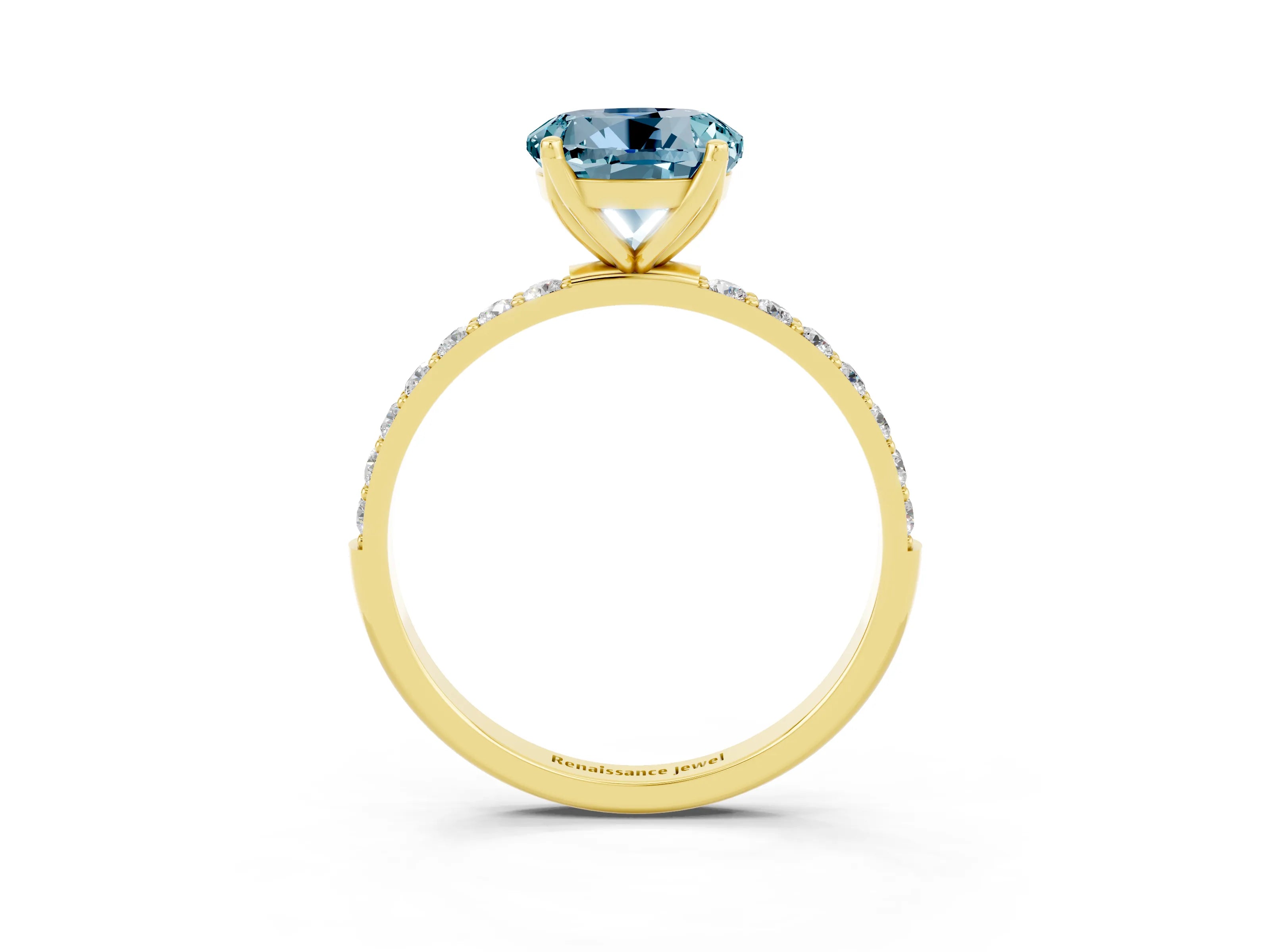Yellow gold Round Cut Aquamarine Solitaire Engagement Ring with Pavé Band and Prong Setting_3