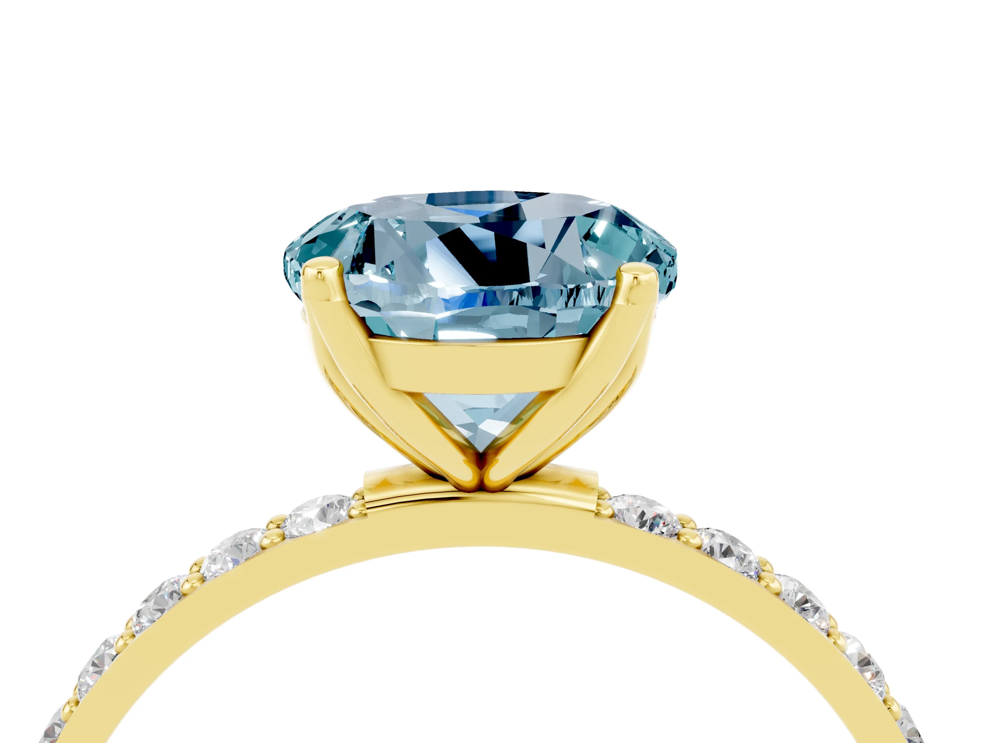 Yellow gold Round Cut Aquamarine Solitaire Engagement Ring with Pavé Band and Prong Setting_4