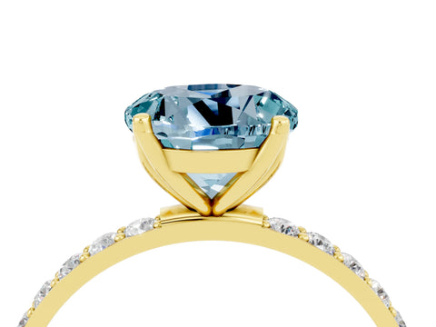 Yellow gold Round Cut Aquamarine Solitaire Engagement Ring with Pavé Band and Prong Setting_4