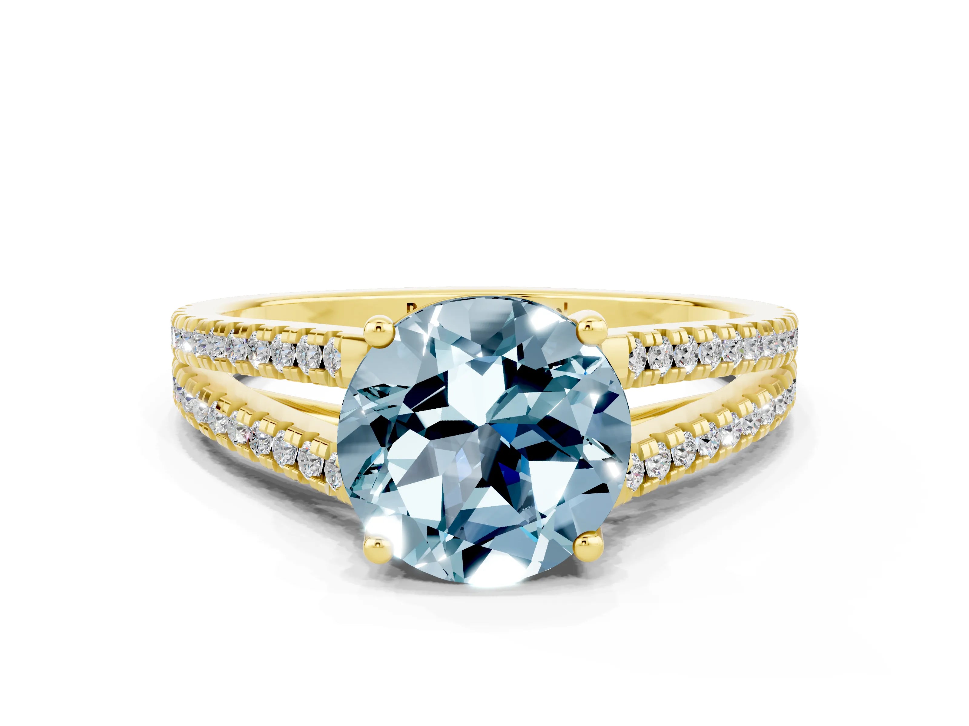 Yellow gold Round Cut Aquamarine Solitaire Engagement Ring with Split Shank Pavé Band
