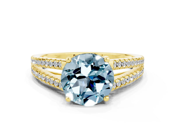 Yellow gold Round Cut Aquamarine Solitaire Engagement Ring with Split Shank Pavé Band