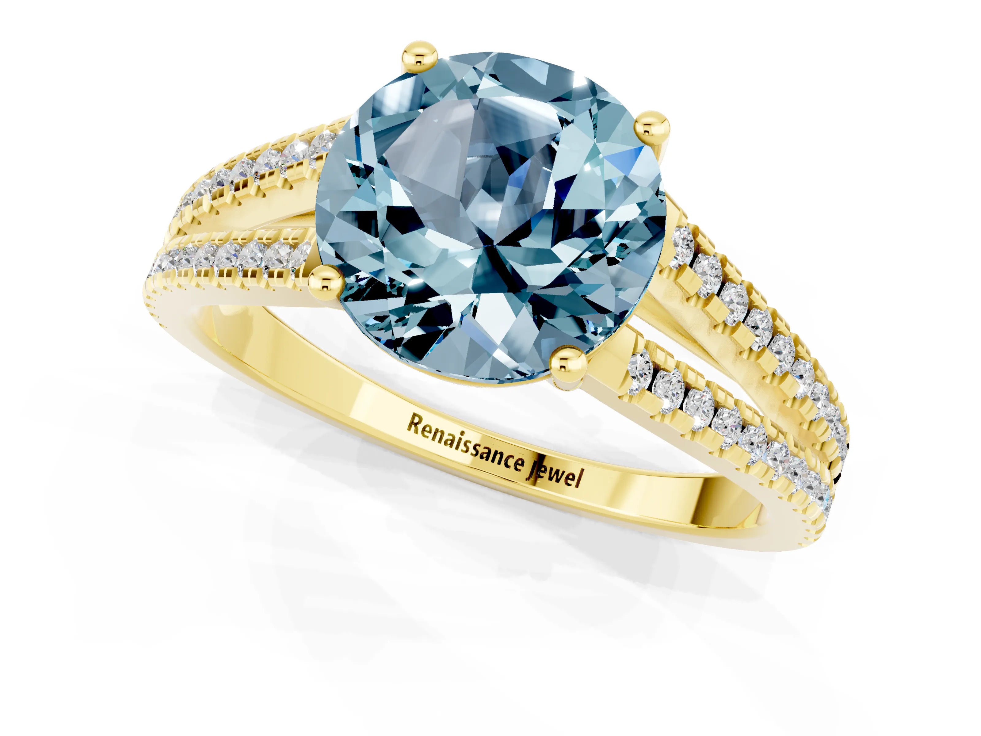 Yellow gold Round Cut Aquamarine Solitaire Engagement Ring with Split Shank Pavé Band_1