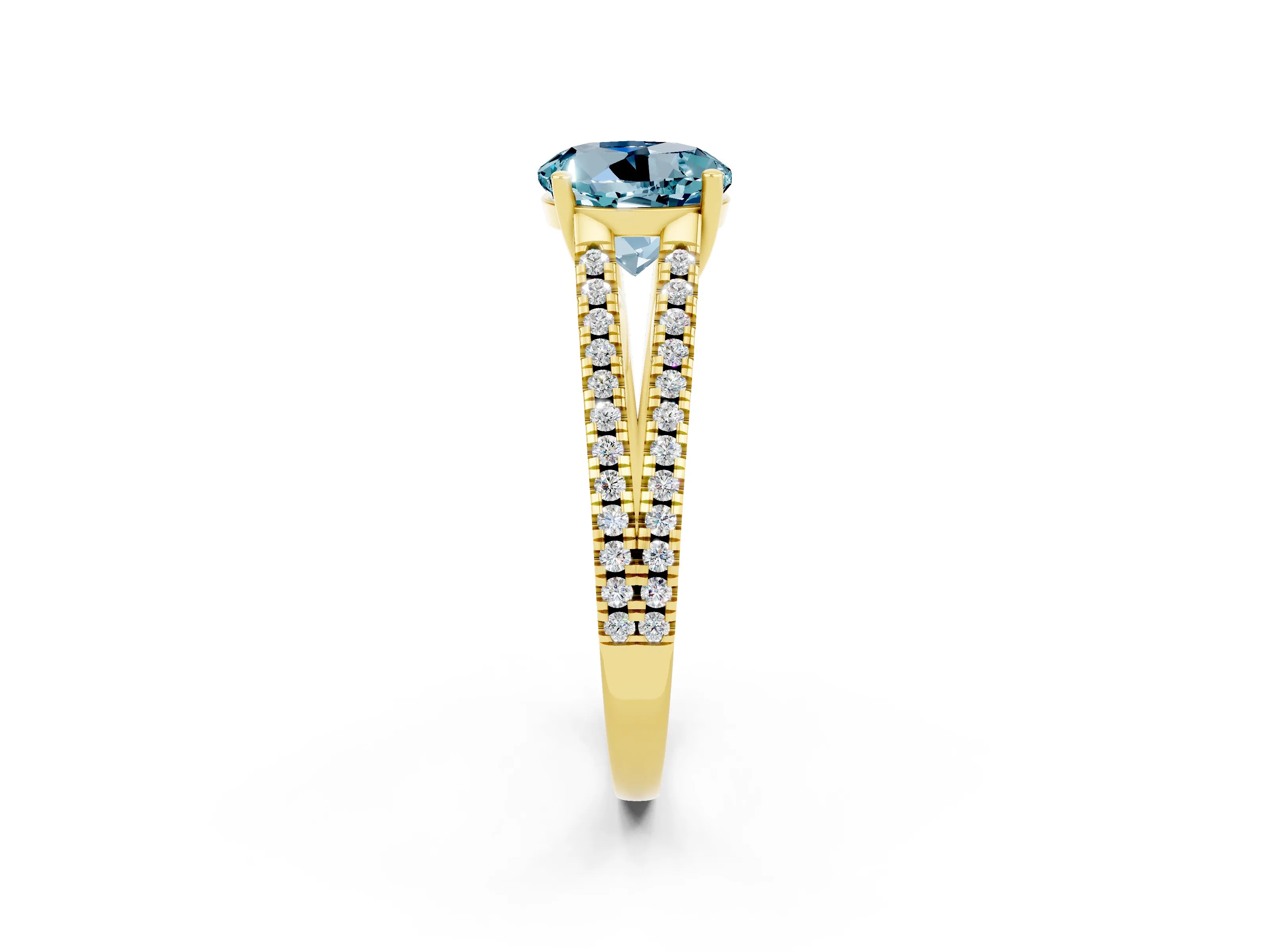 Yellow gold Round Cut Aquamarine Solitaire Engagement Ring with Split Shank Pavé Band_2