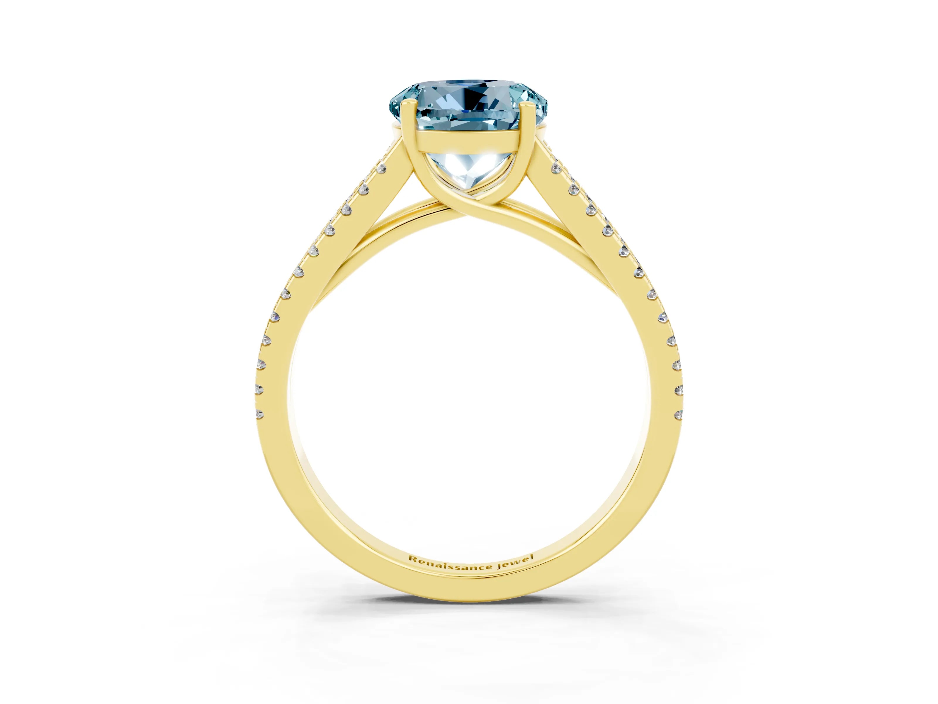 Yellow gold Round Cut Aquamarine Solitaire Engagement Ring with Split Shank Pavé Band_3