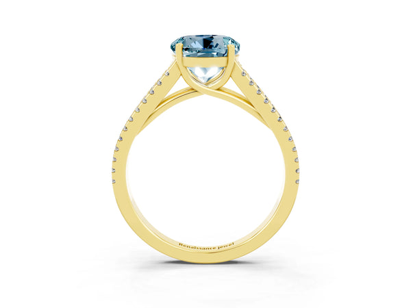 Yellow gold Round Cut Aquamarine Solitaire Engagement Ring with Split Shank Pavé Band