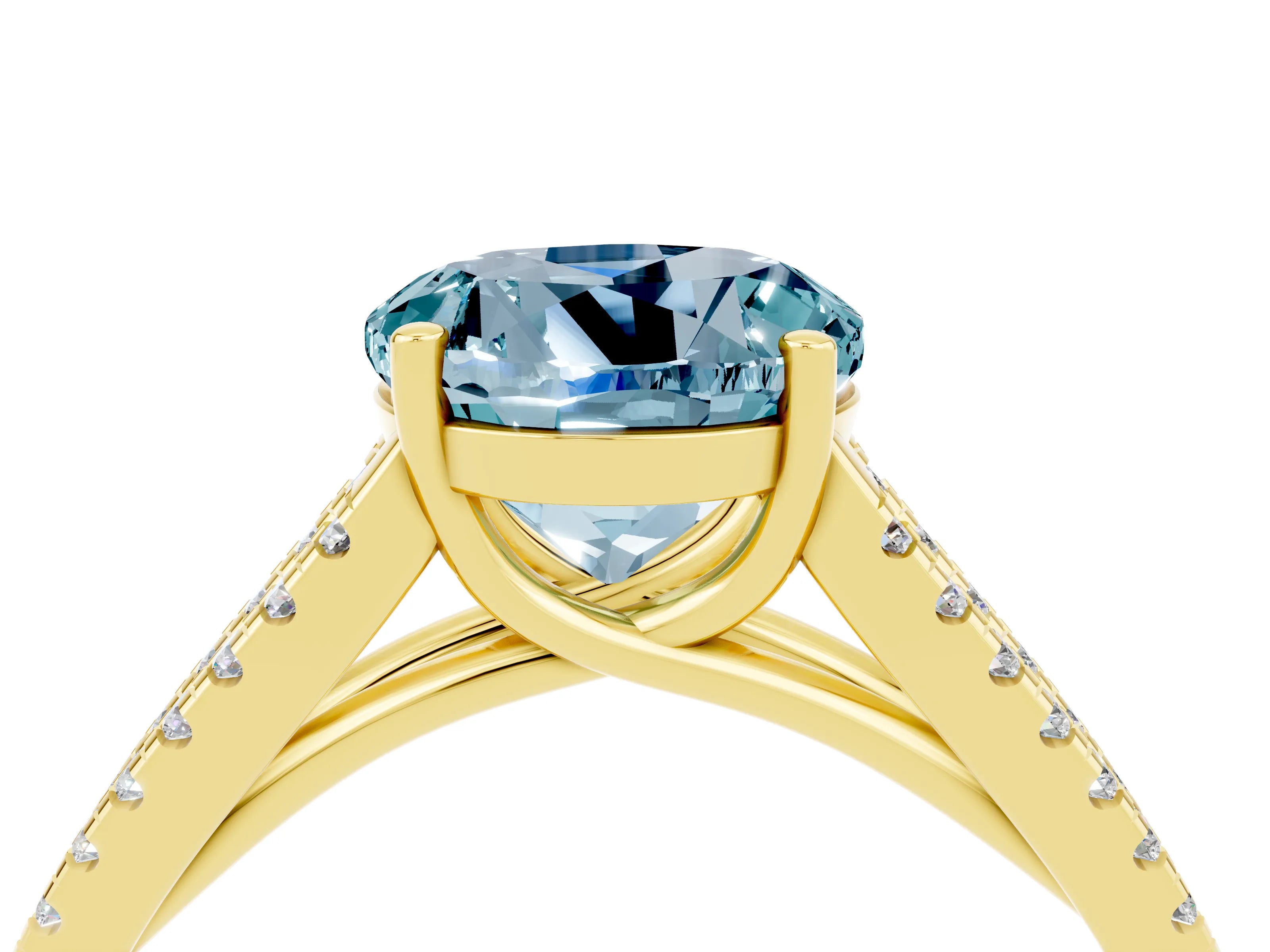 Yellow gold Round Cut Aquamarine Solitaire Engagement Ring with Split Shank Pavé Band_4