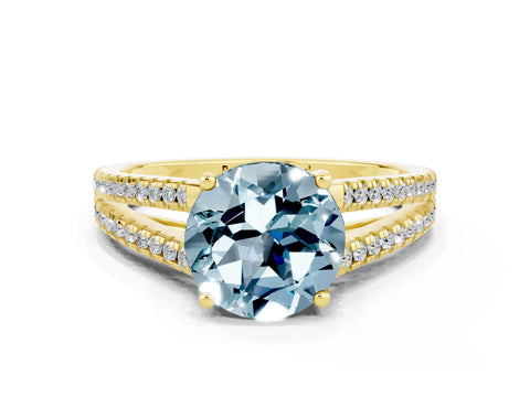 Yellow gold Round Cut Aquamarine Solitaire Engagement Ring with Split Shank Pavé Band
