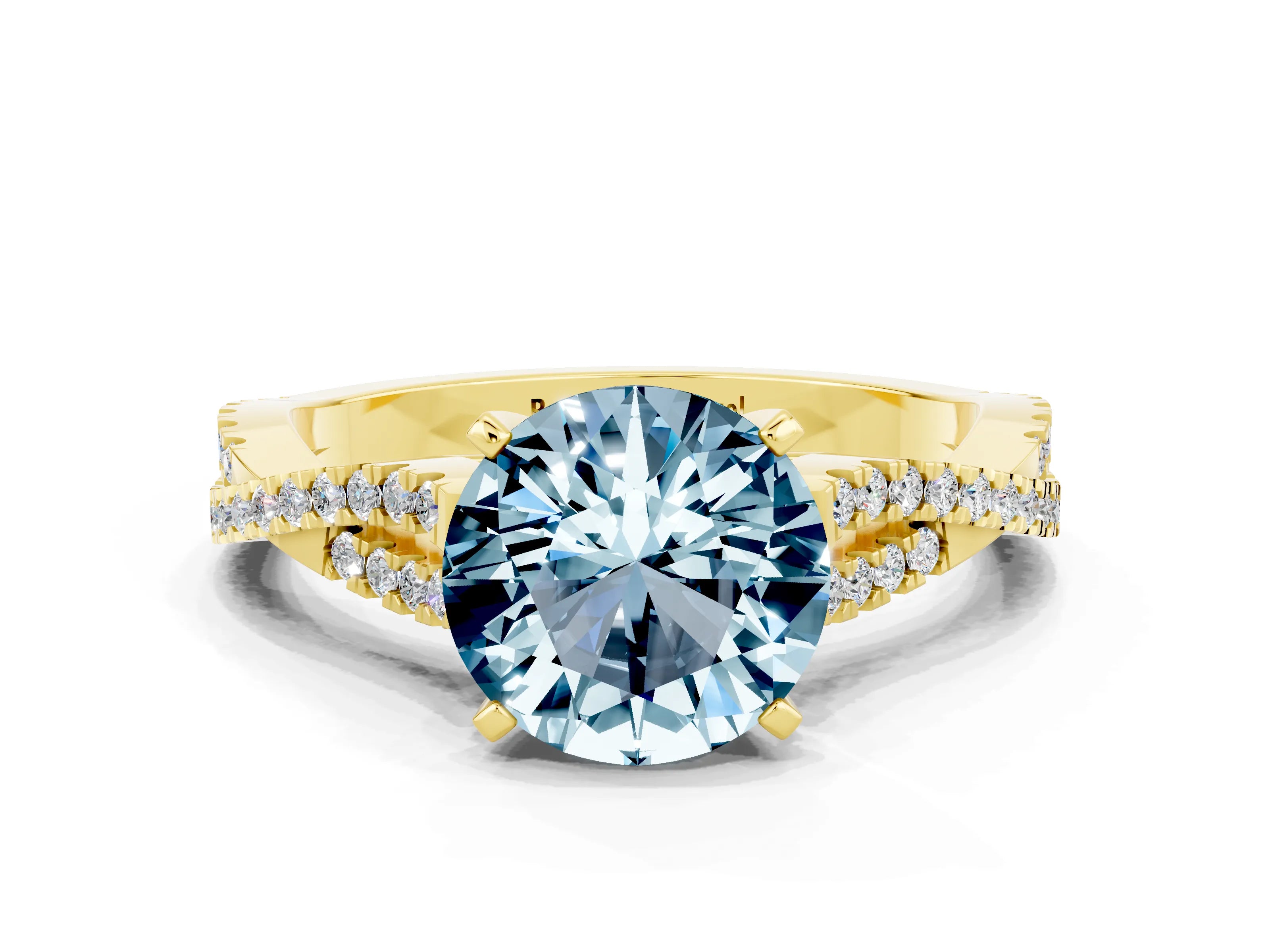 Yellow gold Round Cut Aquamarine Solitaire Engagement Ring with Twisted Pavé Band and Four-Prong Setting_12