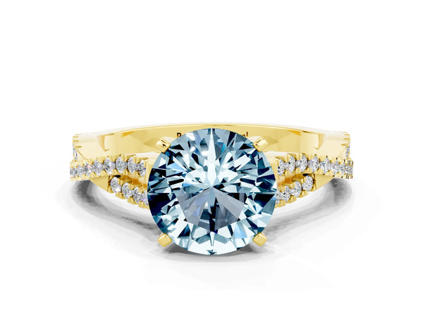Yellow gold Round Cut Aquamarine Solitaire Engagement Ring with Twisted Pavé Band and Four-Prong Setting