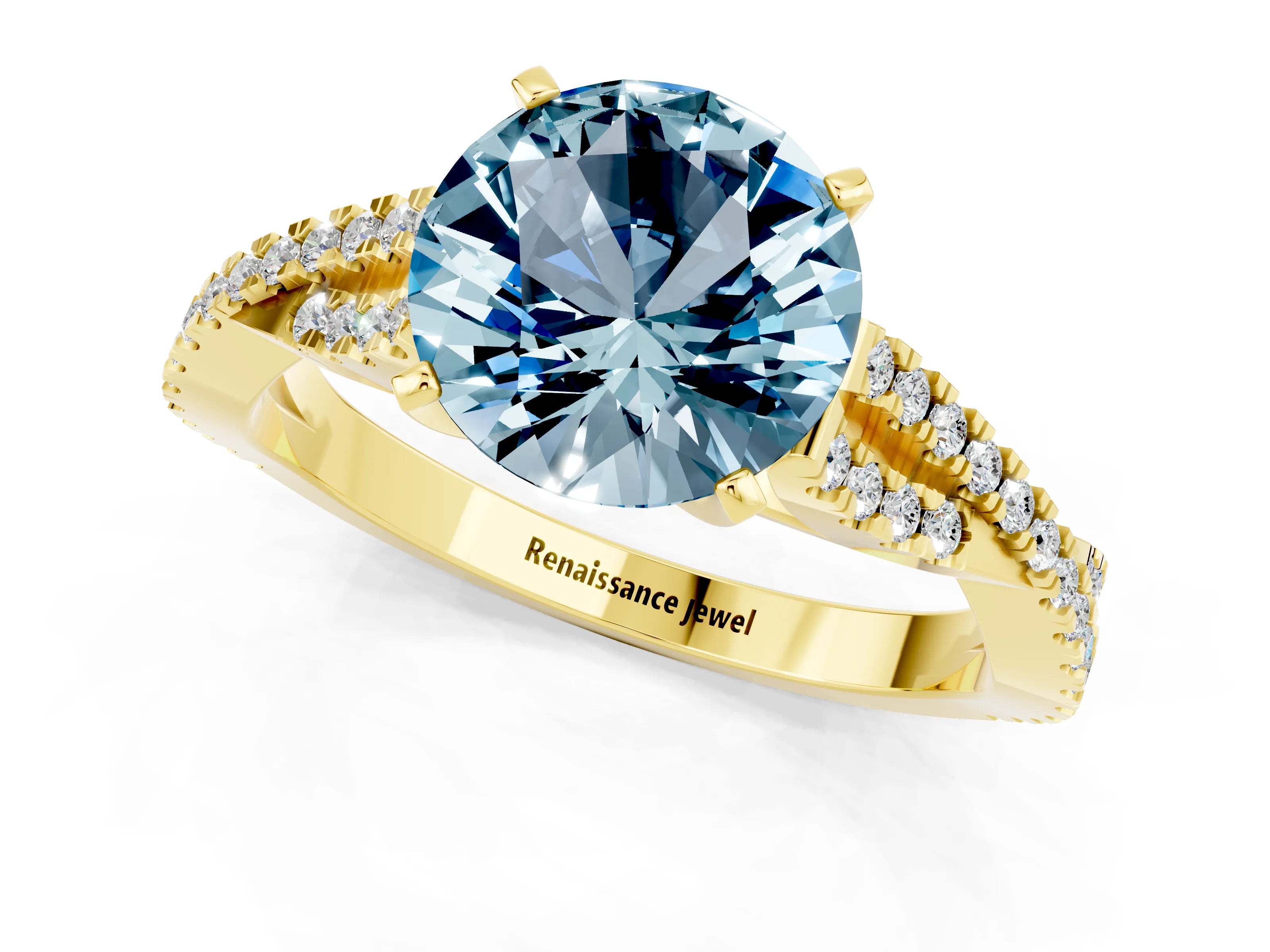 Yellow gold Round Cut Aquamarine Solitaire Engagement Ring with Twisted Pavé Band and Four-Prong Setting_13