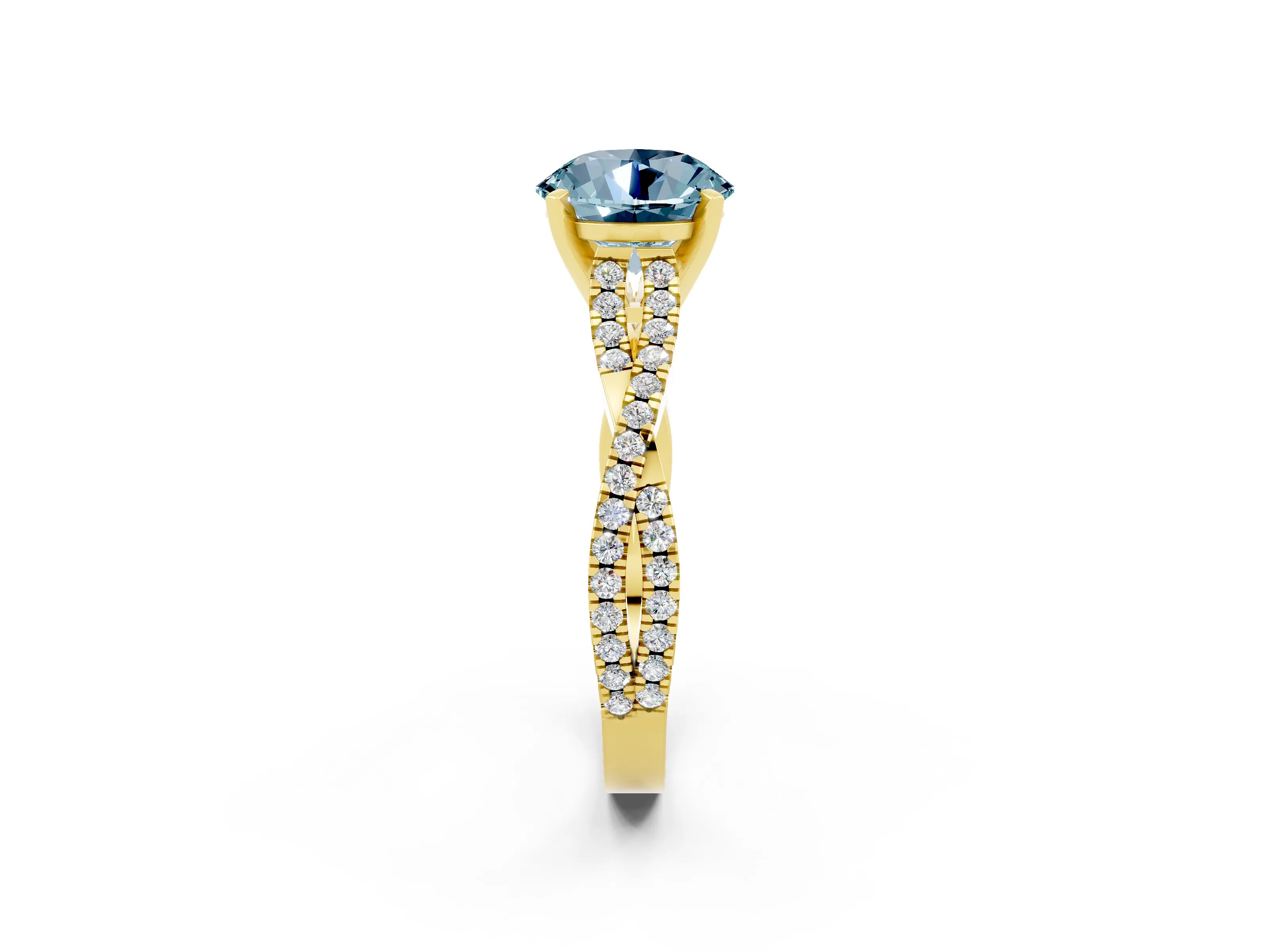 Yellow gold Round Cut Aquamarine Solitaire Engagement Ring with Twisted Pavé Band and Four-Prong Setting_14