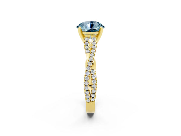 Yellow gold Round Cut Aquamarine Solitaire Engagement Ring with Twisted Pavé Band and Four-Prong Setting