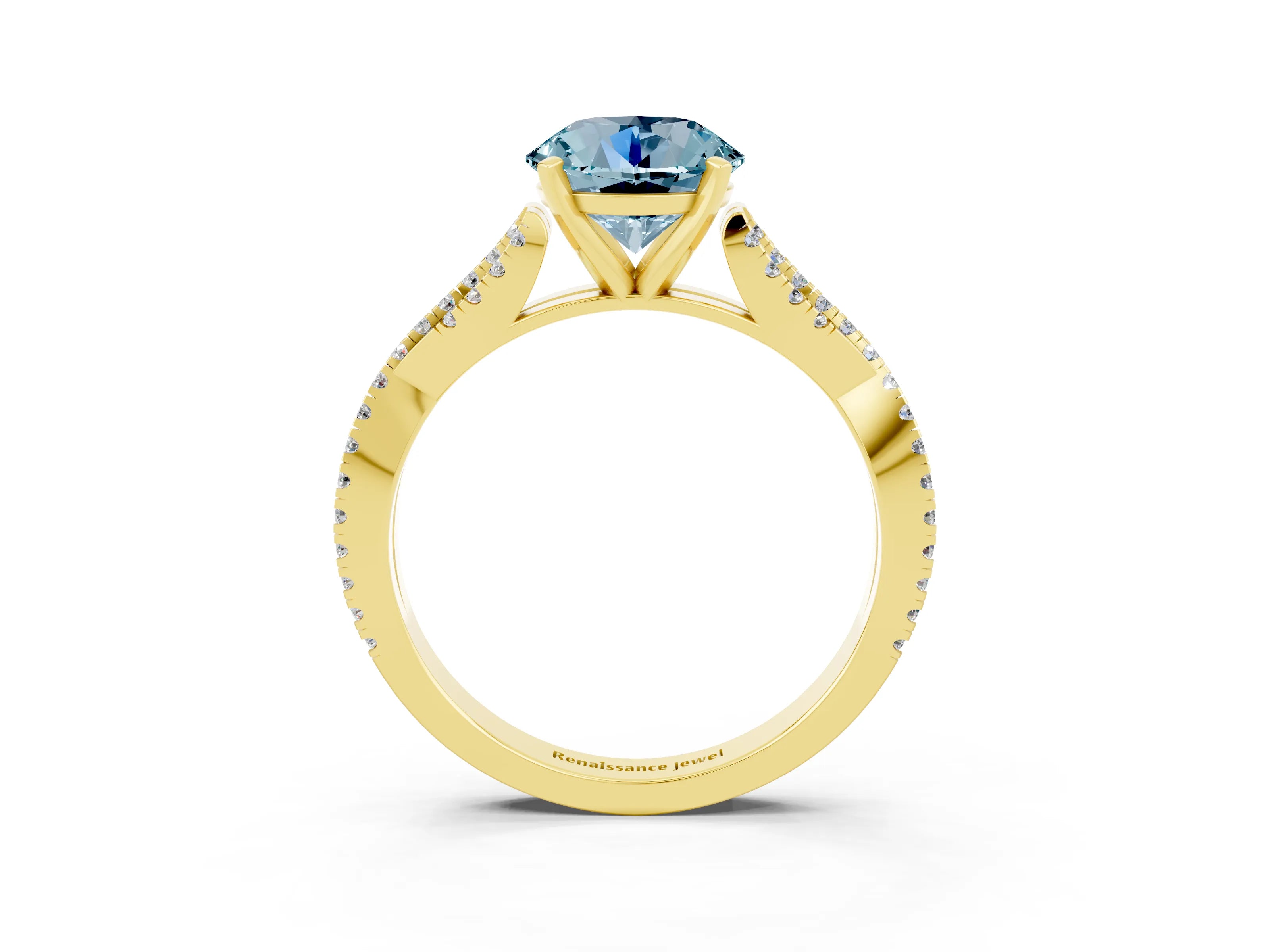 Yellow gold Round Cut Aquamarine Solitaire Engagement Ring with Twisted Pavé Band and Four-Prong Setting_15