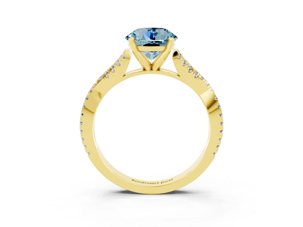 Yellow gold Round Cut Aquamarine Solitaire Engagement Ring with Twisted Pavé Band and Four-Prong Setting