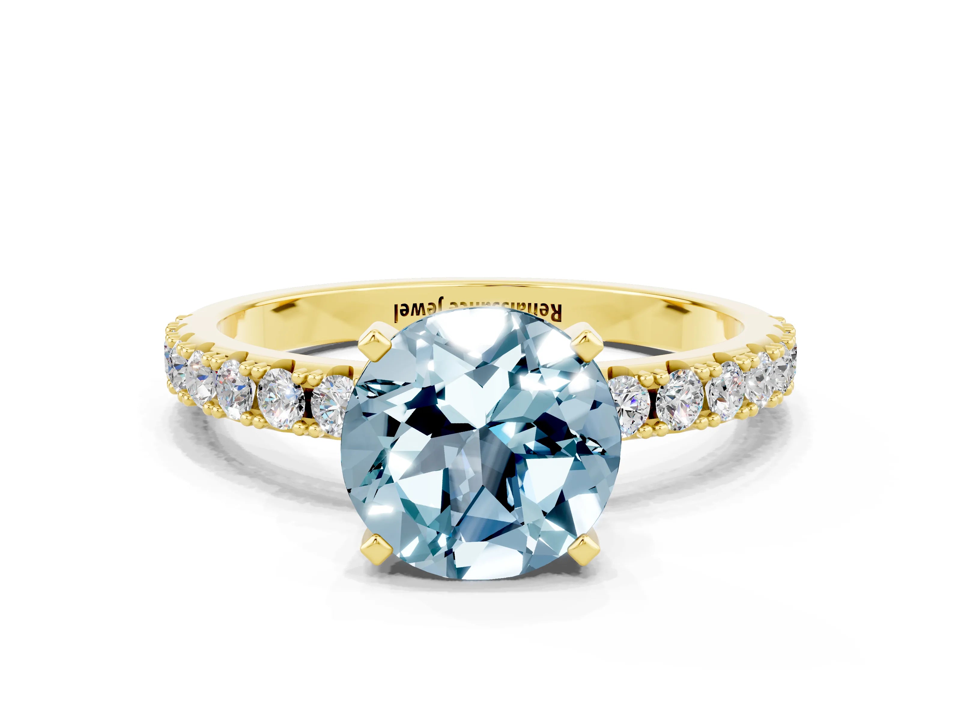 Yellow gold Round Cut Aquamarine Solitaire Pavé Band with Four-Prong Setting