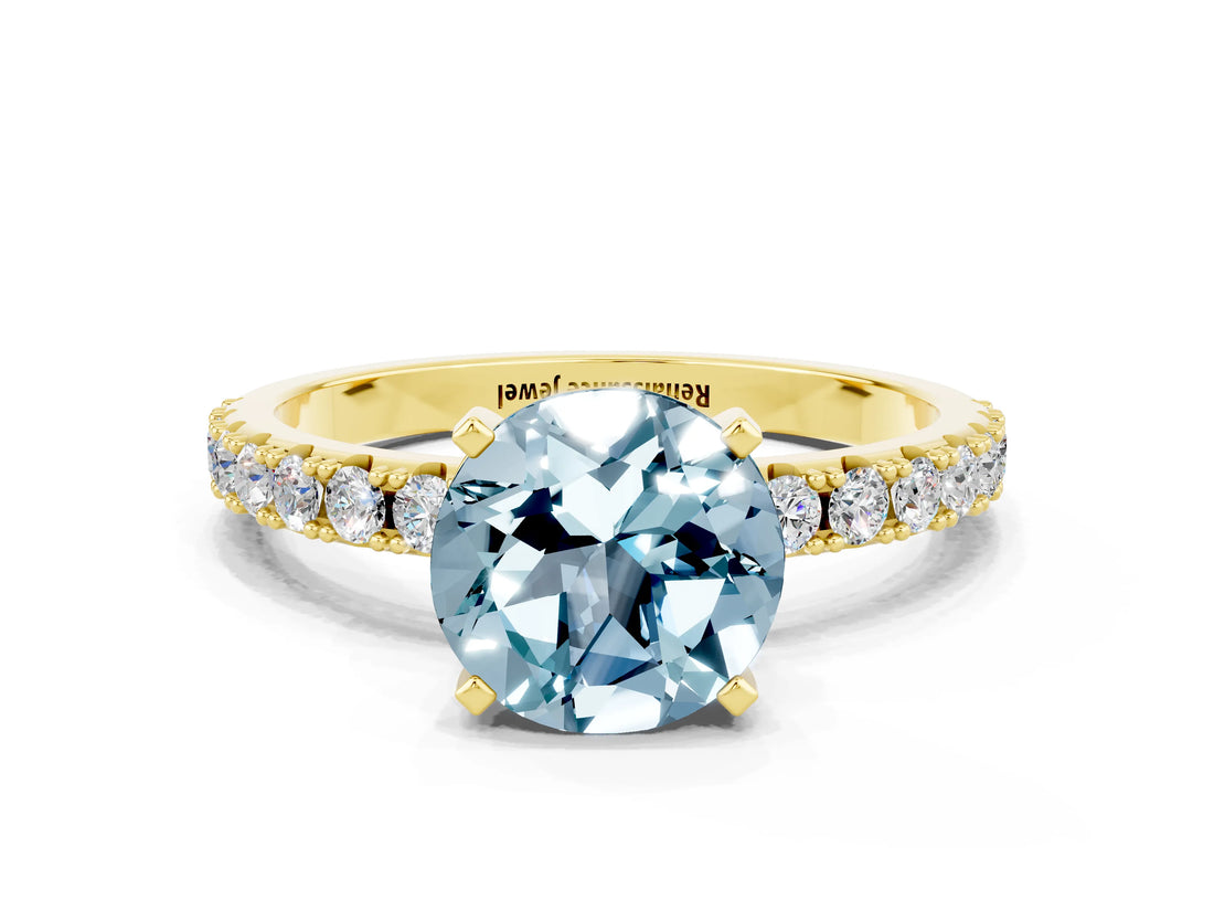 Yellow gold Round Cut Aquamarine Solitaire Pavé Band with Four-Prong Setting