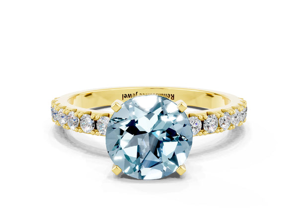 Yellow gold Round Cut Aquamarine Solitaire Pavé Band with Four-Prong Setting