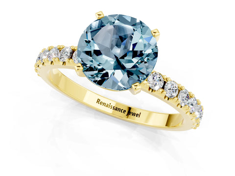 Yellow gold Round Cut Aquamarine Solitaire Pavé Band with Four-Prong Setting_1
