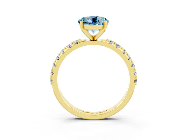 Yellow gold Round Cut Aquamarine Solitaire Pavé Band with Four-Prong Setting