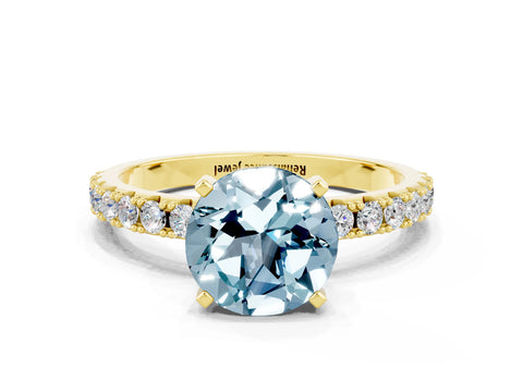 Yellow gold Round Cut Aquamarine Solitaire Pavé Band with Four-Prong Setting