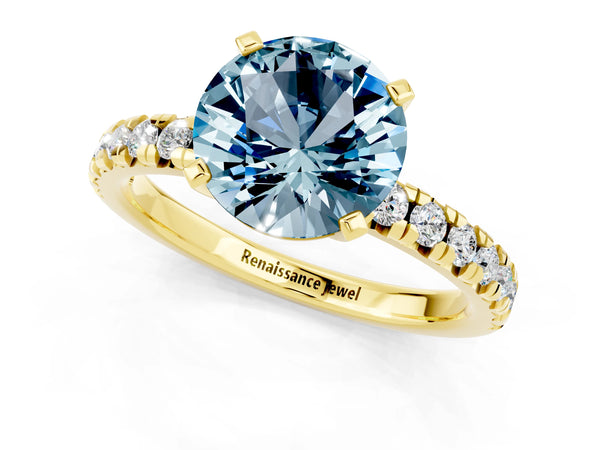 Yellow gold Round Cut Aquamarine Solitaire Pavé Engagement Ring with Round Band and Prong Setting