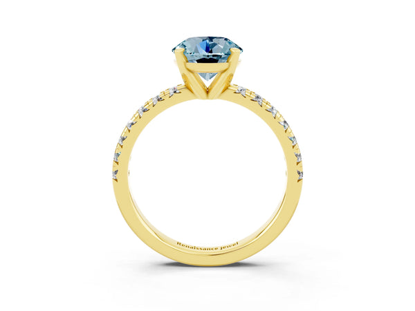 Yellow gold Round Cut Aquamarine Solitaire Pavé Engagement Ring with Round Band and Prong Setting