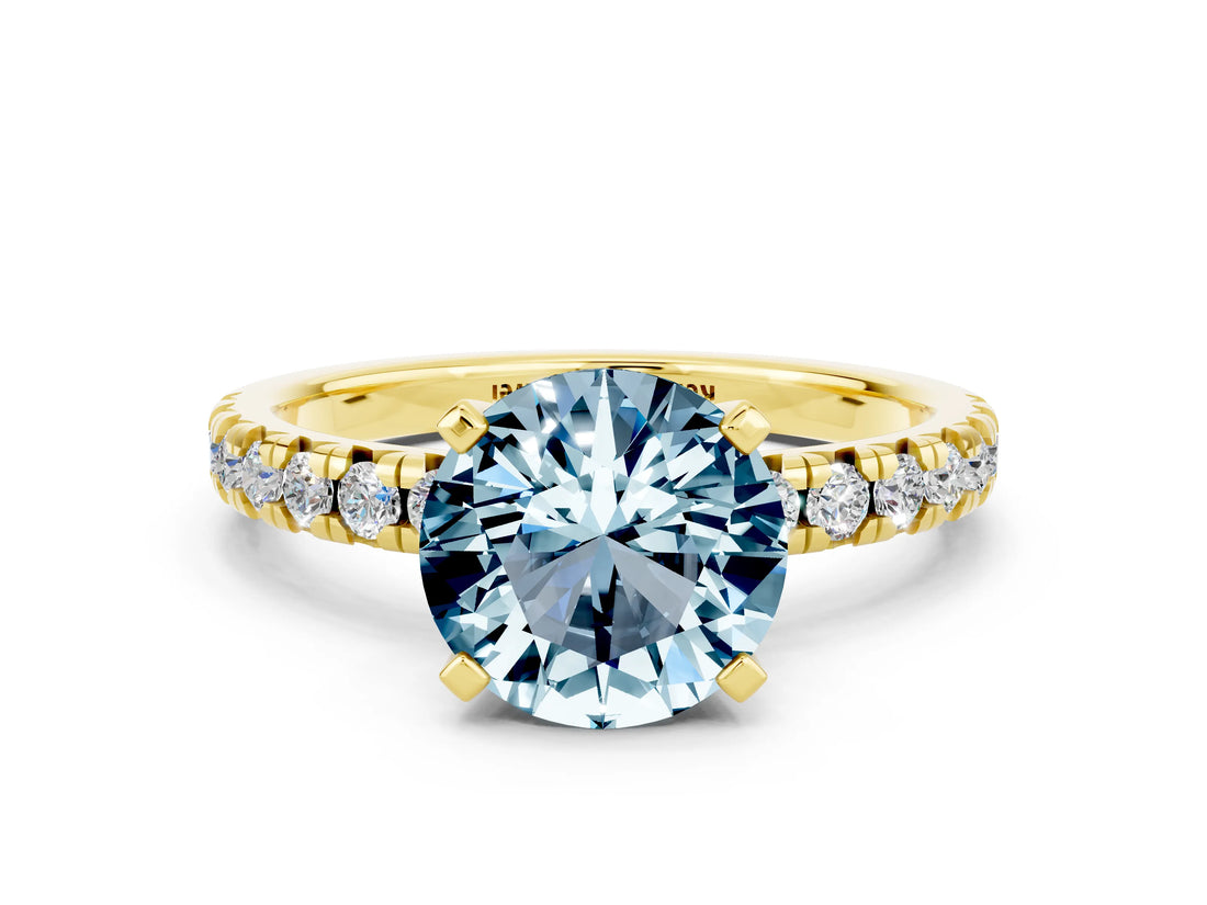 Yellow gold Round Cut Aquamarine Solitaire Pavé Engagement Ring with Round Band and Prong Setting_66