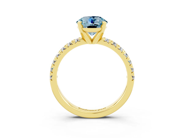 Yellow gold Round Cut Aquamarine Solitaire Pavé Engagement Ring with Round Band and Prong Setting