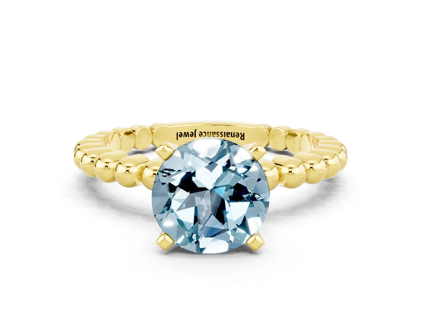 Yellow gold Round Cut Aquamarine Solitaire Ring with Beaded Band and Prong Setting