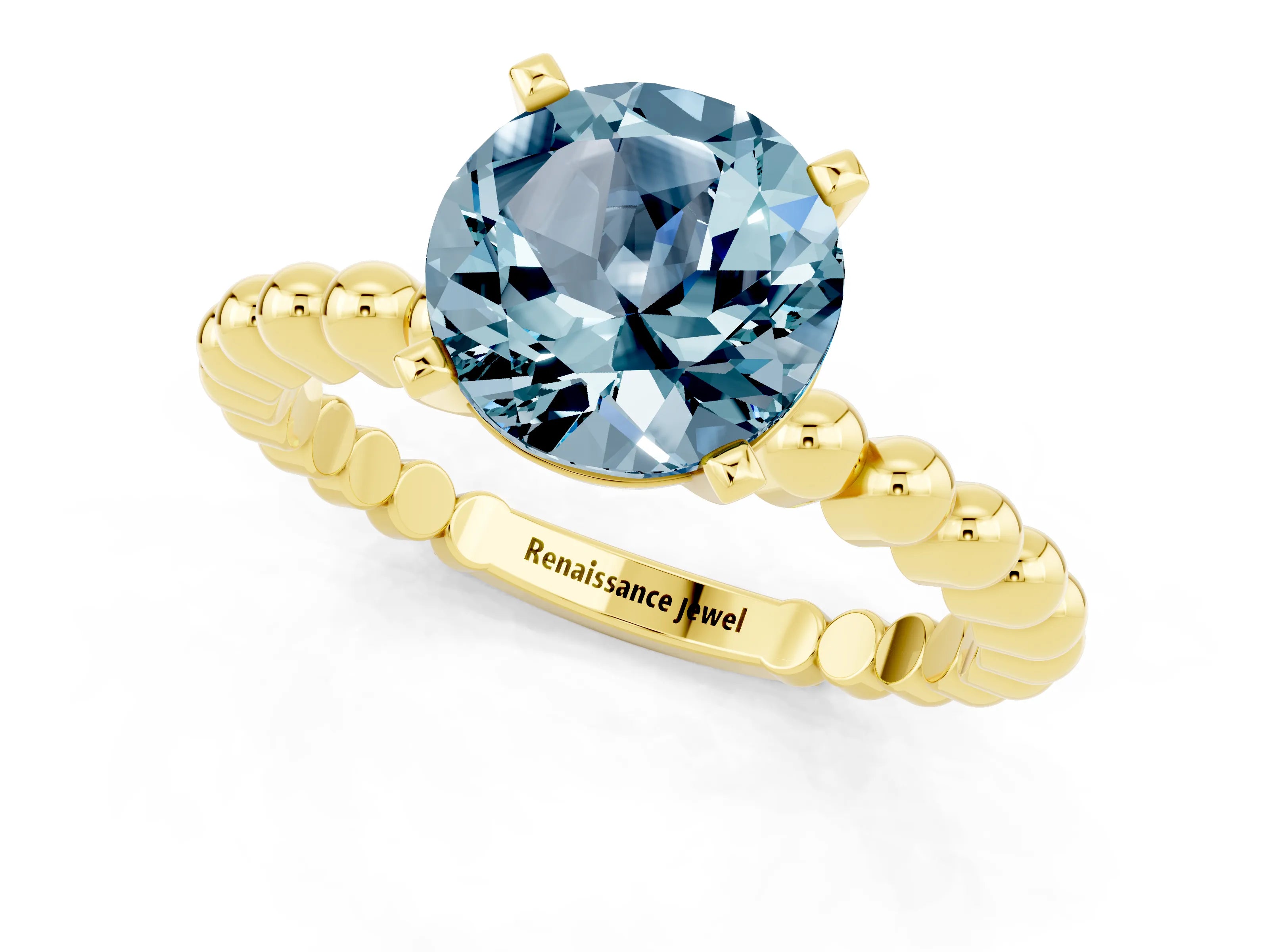 Yellow gold Round Cut Aquamarine Solitaire Ring with Beaded Band and Prong Setting_1