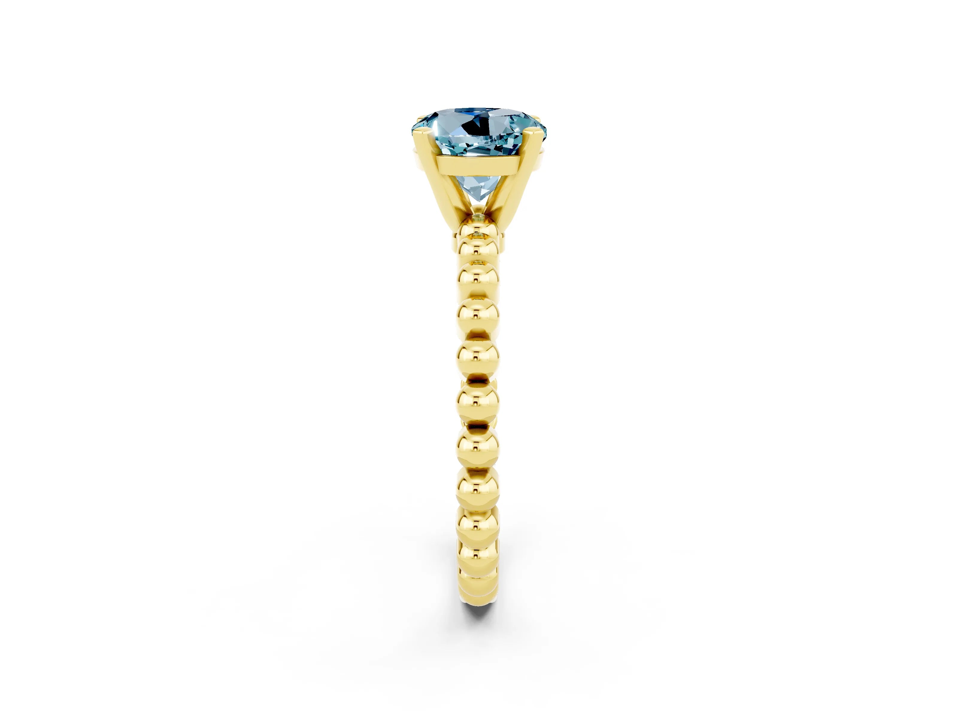 Yellow gold Round Cut Aquamarine Solitaire Ring with Beaded Band and Prong Setting_2