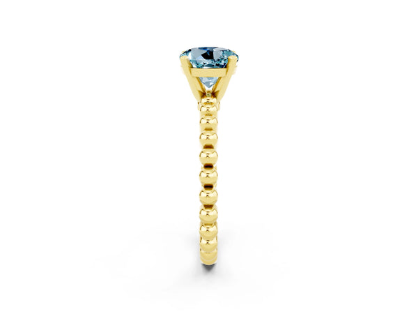 Yellow gold Round Cut Aquamarine Solitaire Ring with Beaded Band and Prong Setting