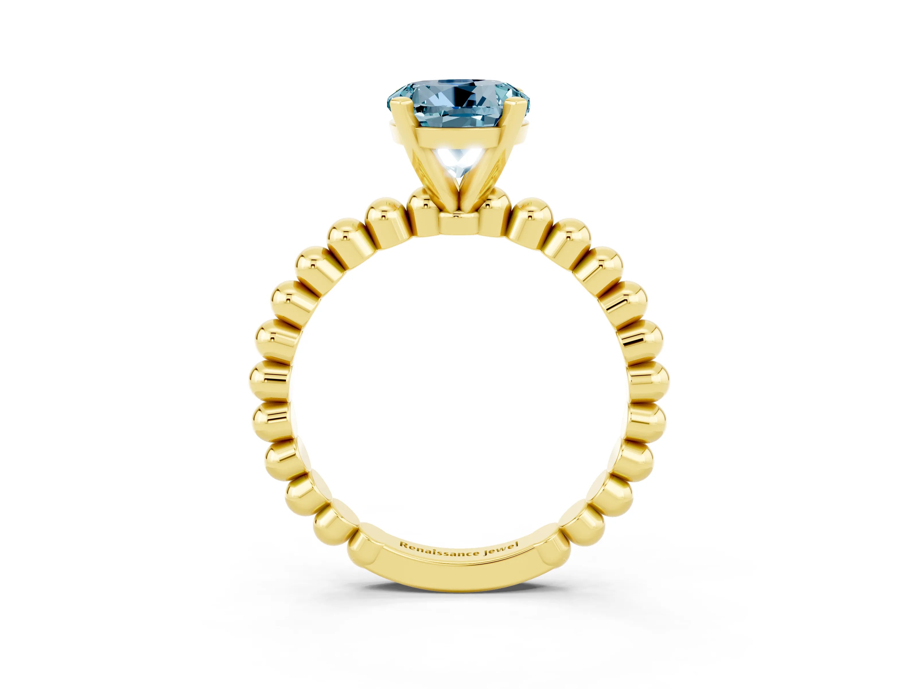 Yellow gold Round Cut Aquamarine Solitaire Ring with Beaded Band and Prong Setting_3