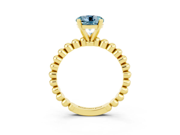 Yellow gold Round Cut Aquamarine Solitaire Ring with Beaded Band and Prong Setting