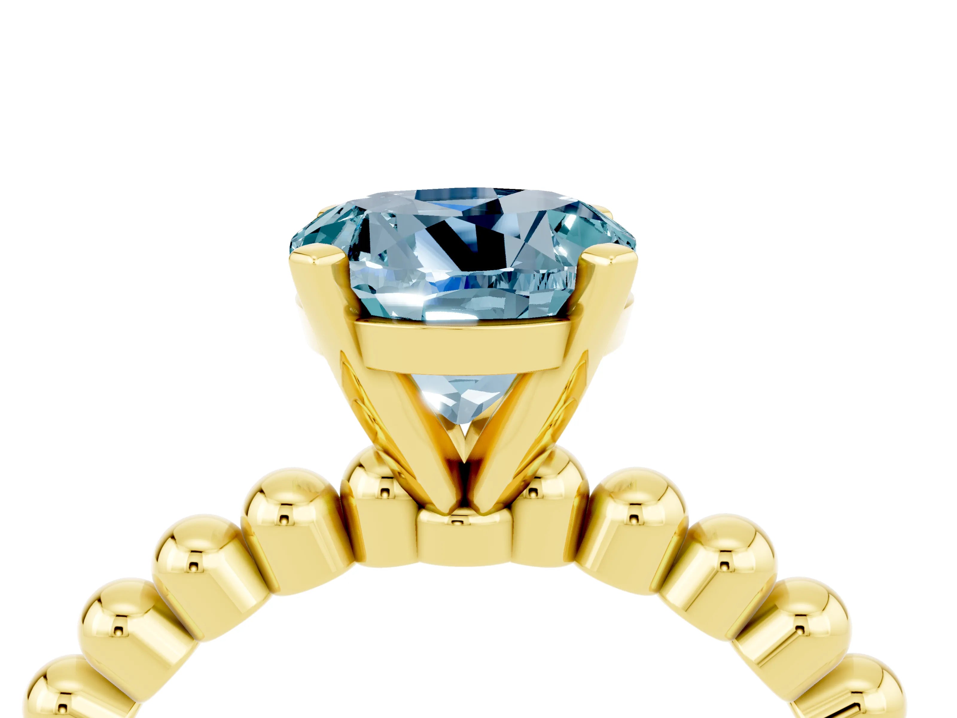 Yellow gold Round Cut Aquamarine Solitaire Ring with Beaded Band and Prong Setting_4