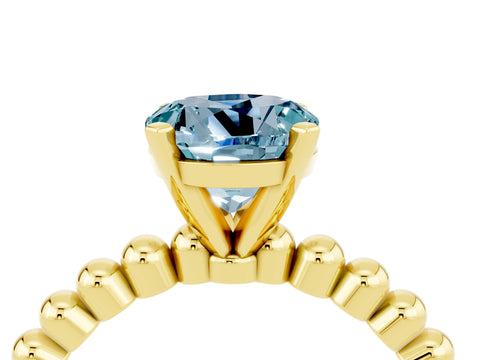 Yellow gold Round Cut Aquamarine Solitaire Ring with Beaded Band and Prong Setting_4