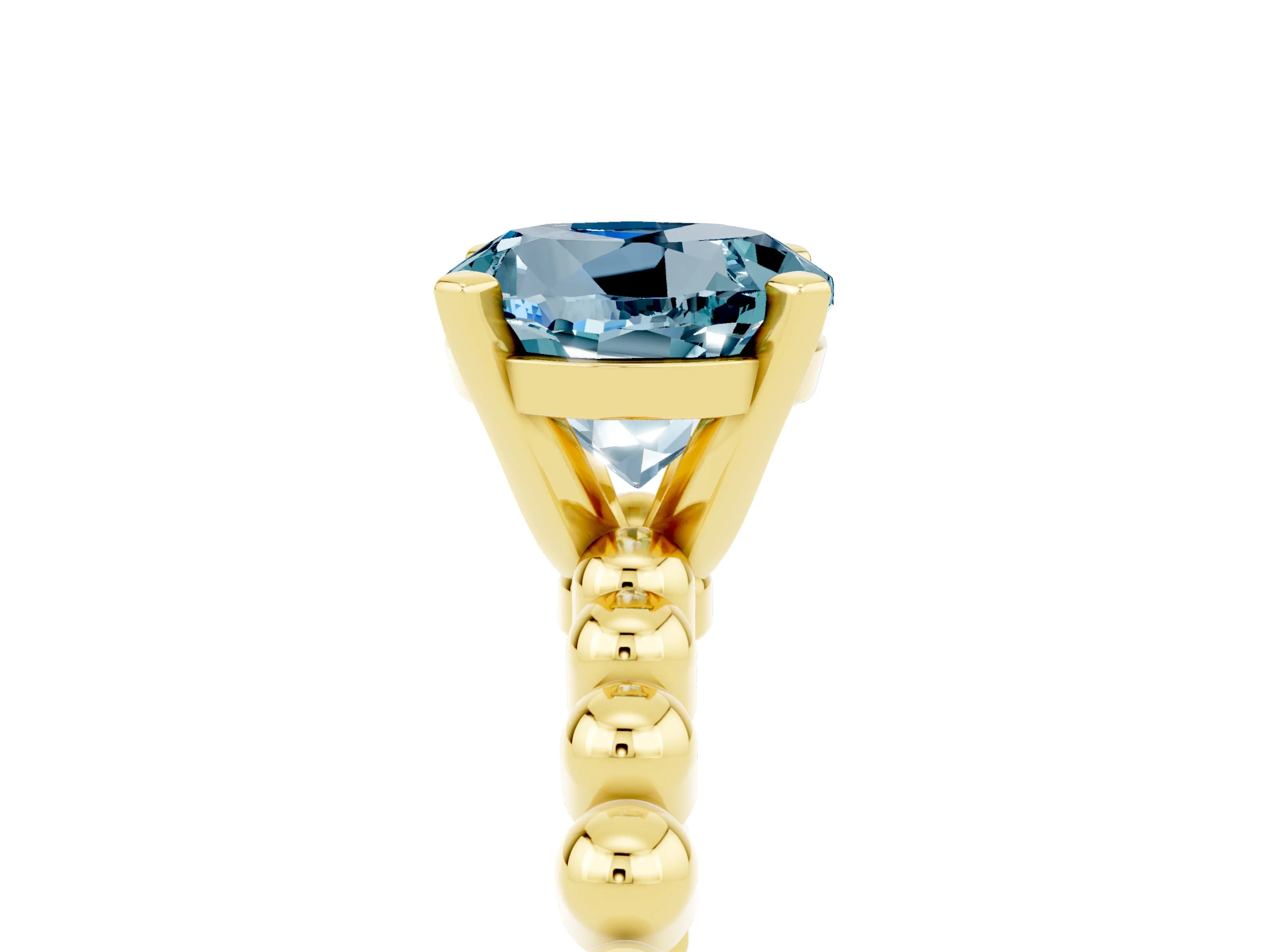 Yellow gold Round Cut Aquamarine Solitaire Ring with Beaded Band and Prong Setting_5