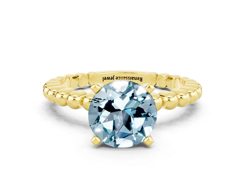 Yellow gold Round Cut Aquamarine Solitaire Ring with Beaded Band and Prong Setting