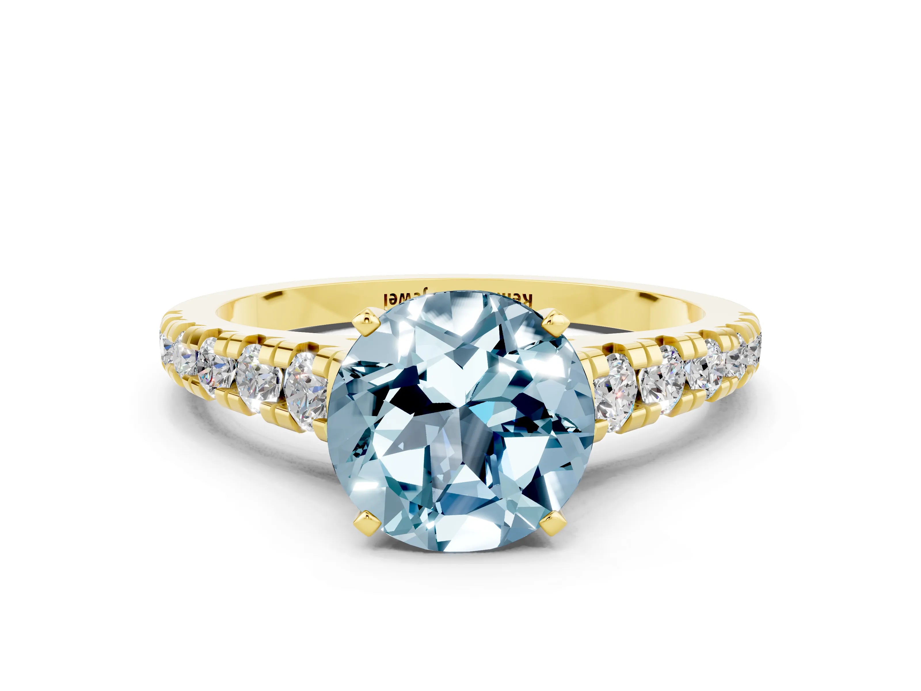 Yellow gold Round Cut Aquamarine Solitaire Ring with Cathedral Setting and Pavé Band