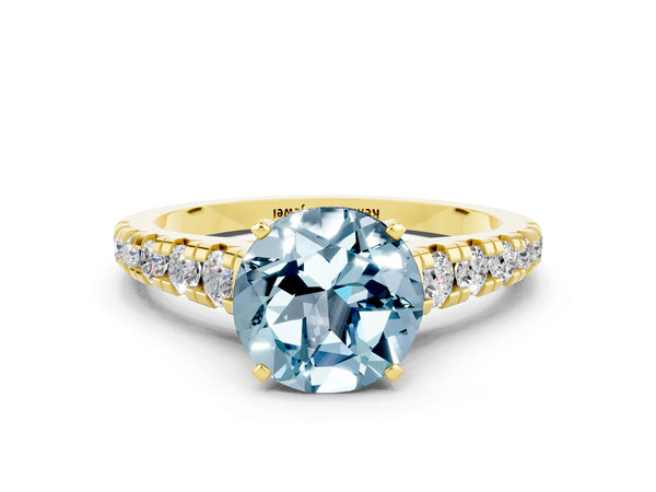Yellow gold Round Cut Aquamarine Cathedral Solitaire Ring with Round  Pavé Band